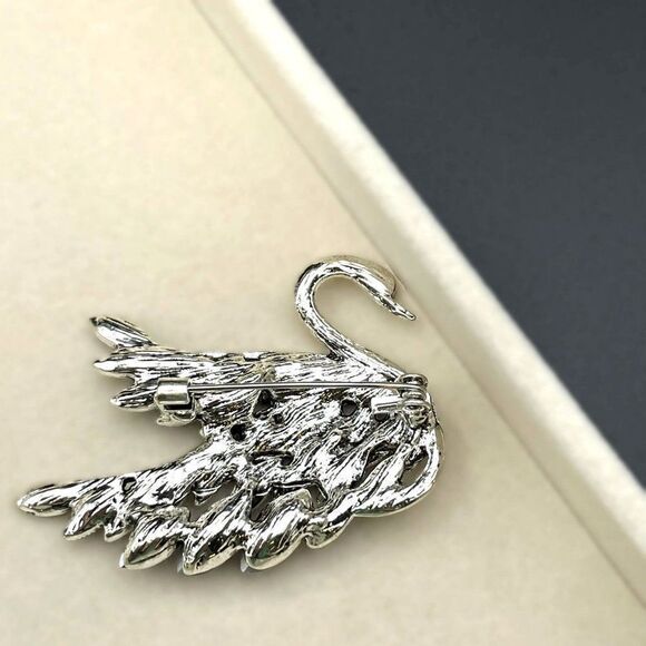 Silver with Champagne Topaz and Gray Crystal Graceful Swan Pin Back Brooch - Picture 5 of 7